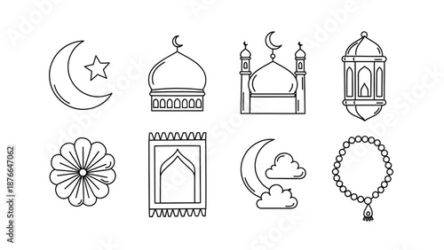 Set of Diverse Islamic Line Art Icons Representing Ramadan, Eid, and Muslim Spirituality – Essential Elements for Religious Observances and Cultural Celebrations