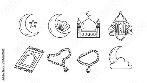 Ramadan Iconography A Collection of Islamic Symbols Including Crescent Moon, Mosque, Prayer Mat, and Lantern