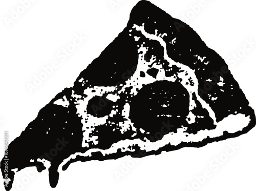 Black and white illustration of a single slice of pizza with melting cheese and toppings