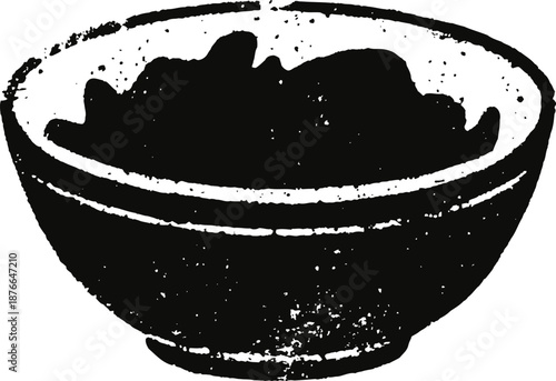 Vintage black ink illustration of a rustic bowl with textured surface design