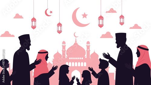 Islamic Festival Celebration A Muslim Family Gathering for Ramadan or Eid al-Fitr with Mosque and Crescent Moon Decorations