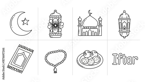 Ramadan Islamic icons collection with moon, lantern, mosque, prayer mat, and tasbih for religious events