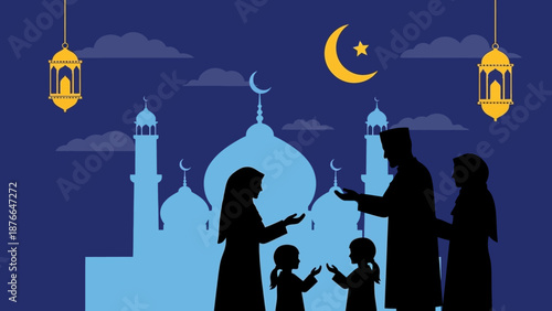 Ramadan celebration with family and mosque silhouette under crescent moon and stars