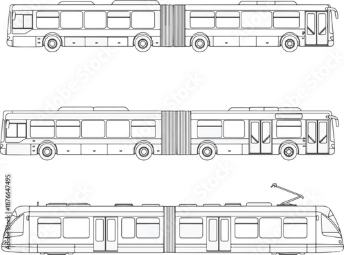 Line drawings showcase a fleet of public transport vehicles, offering a comprehensive view of urban mobility solutions. Featuring an articulated bus and a tram.