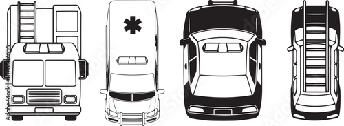 Emergency vehicles, top view of Fire truck, Ambulance and police car displayed on a white backdrop, demonstrating the critical roles these vehicles play in ensuring safety and security.