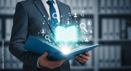 Corporate professional reviewing digital policy document with compliance icons. Governance, regulation management, and modern business documentation workflow in a professional office environment.