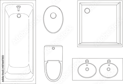 A meticulous, detailed architectural illustration showcases essential bathroom fixtures in a clean, uncluttered layout.