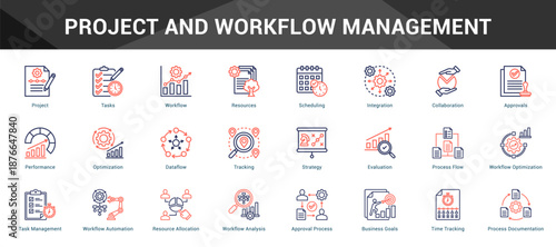 Project And Workflow Management Cohesive set of minimalist vector icons representing key ideas with visual clarity