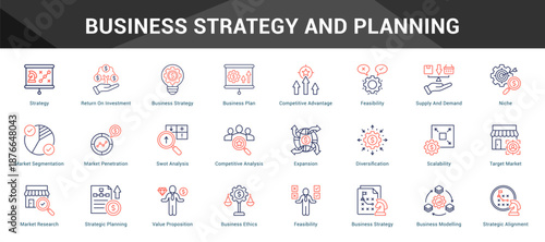 Business Strategy And Planning Cohesive set of minimalist vector icons representing key ideas with visual clarity