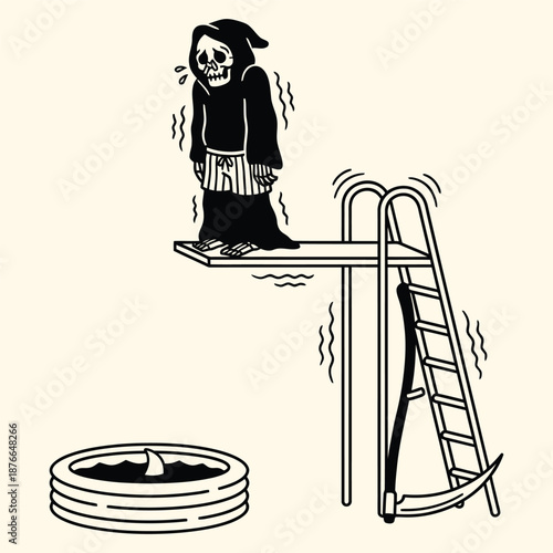 Grim Reaper Hesitates on Diving Board Above Tiny Pool Illustration