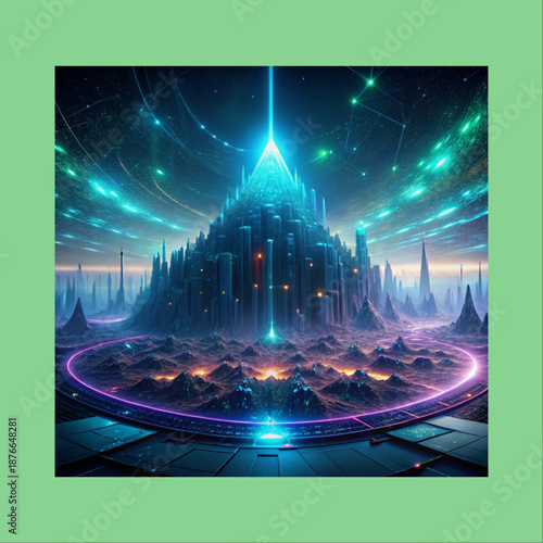 Futuristic cityscape on distant planet with neon lights and advanced technology