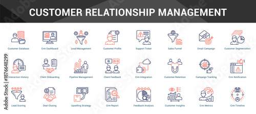 Customer Relationship Management Cohesive set of minimalist vector icons representing key ideas with visual clarity