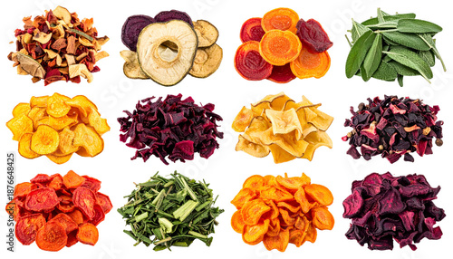 Assortment of dried fruits, vegetables, and herbs displayed on a black background