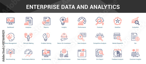 Enterprise Data And Analytics Cohesive set of minimalist vector icons representing key ideas with visual clarity