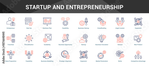 Startup And Entrepreneurship Cohesive set of minimalist vector icons representing key ideas with visual clarity