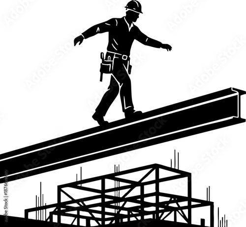 Construction Worker Walking on Steel Beam Silhouette Vector Illustration