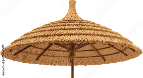 Traditional thatched umbrella, tropical beach shade, eco-friendly shelter, layered straw roof, rustic outdoor decor, wooden pole, summer resort, natural materials