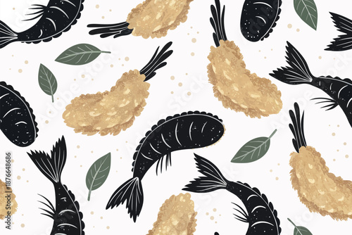 Vivid Hand Drawn Shrimp Tempura Silhouette Pattern