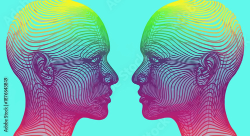 Two people facing each other with colorful line art profiles.