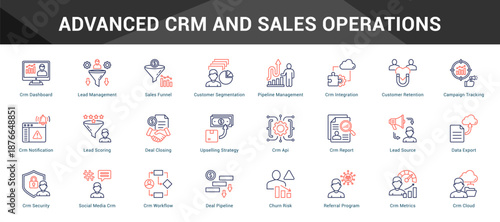 Advanced Crm And Sales Operations Cohesive set of minimalist vector icons representing key ideas with visual clarity