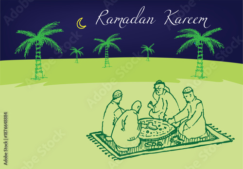 Muslims are breaking their fast while eating during sundown and when the crescent moon appears during the Ramadan month. Editable Clip Art.