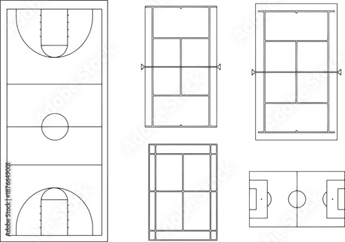 Showcasing the precision and symmetry of various sport fields, this photograph offers a detailed view of a basketball court, a soccer field, and more.