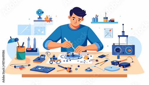 Young man working on electronic project at cluttered workshop table.