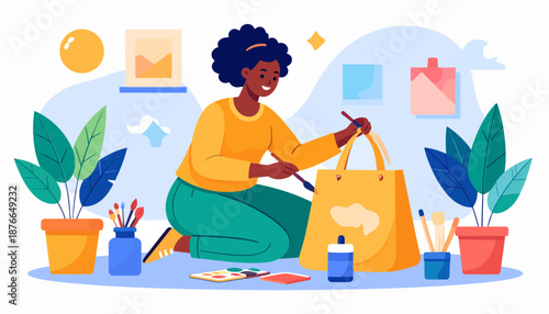 Woman surrounded by art supplies and plants in a creative workspace.