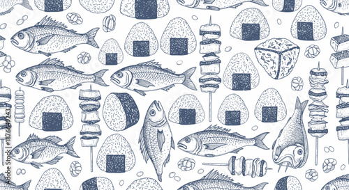 Nautical seamless pattern with fish and seafood illustrations.