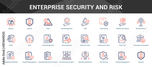 Enterprise Security And Risk Cohesive set of minimalist vector icons representing key ideas with visual clarity