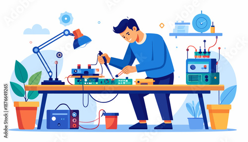 Man working on electronic project at a cluttered workshop table.