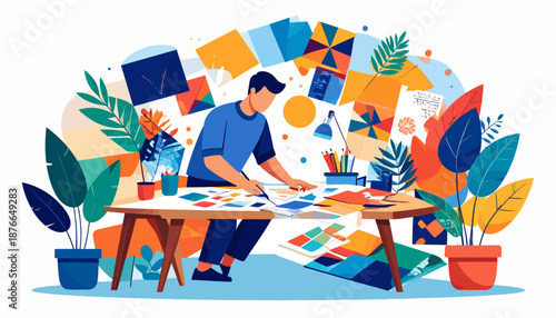 Man working on a colorful art project surrounded by plants and vibrant shapes.