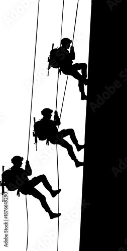 Extreme sport rappelling team silhouette descending high cliff