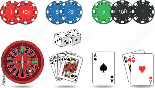 Casino Games Clipart Poker Chips, Dice, Roulette Wheel & Playing Cards