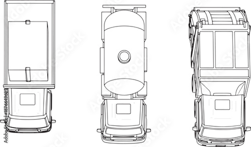 A comprehensive top-down schematic illustration showcasing a variety of commercial truck types, emphasizing their unique designs, detailing industrial transport solutions.