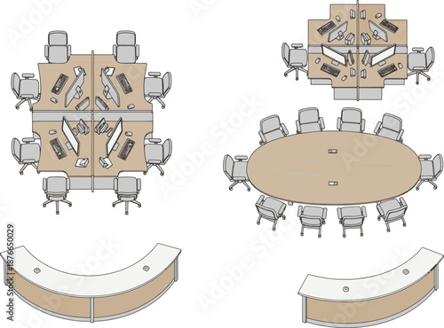 Diverse Office Furniture Layouts, including workstations, conference tables, and reception desks. Explore architectural elements, showcasing the practical layout of diverse office environments.