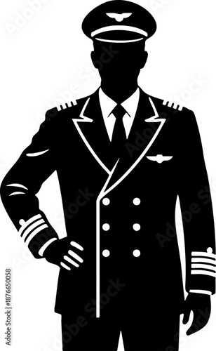 Black vector silhouette of commercial airline pilot in uniform
