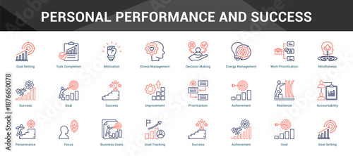 Personal Performance And Success Cohesive set of minimalist vector icons representing key ideas with visual clarity