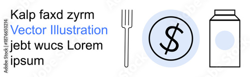 Food budgeting, nutrition economy, meal planning, financial savings, dietary choices, food pricing. Fork, dollar symbol coin and milk carton. Food budgeting and nutrition economy concepts
