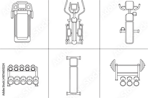 A collection of fitness equipment, each piece meticulously drawn in a clean, minimalist line style, showcasing a variety of exercise machines, free weights, and workout accessories.