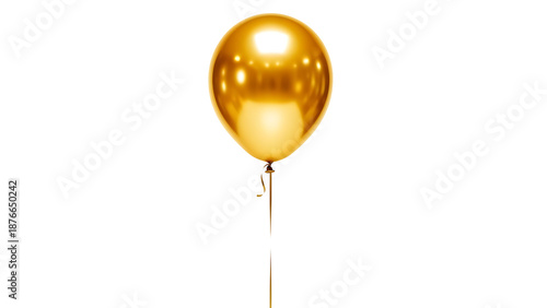 Single Shiny Gold Metallic Balloon with String Isolated on White Background