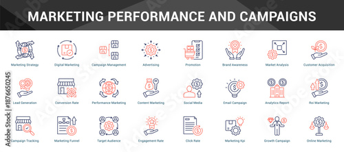 Marketing Performance And Campaigns Cohesive set of minimalist vector icons representing key ideas with visual clarity