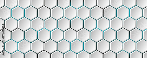 White 3d hexagonal technology vector abstract background. Blue bright energy flashes under hexagon in modern technology futuristic background vector illustration. White honeycomb texture grid.