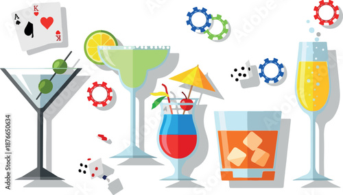 A Vibrant Array of Casino Night Cocktails and Games Vector