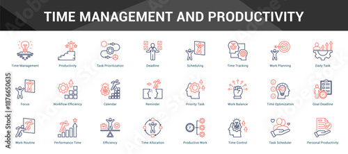 Time Management And Productivity Cohesive set of minimalist vector icons representing key ideas with visual clarity