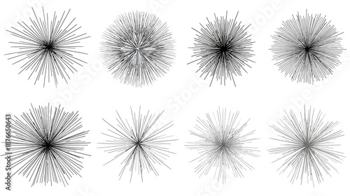 Set of 8 abstract black and white vector starbursts and radial line patterns, modern graphic design elements for backgrounds and illustrations.