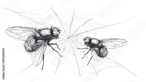 Two flies caught in a spiderweb, a hand-drawn black and white illustration depicting a predatory nature concept with insects.