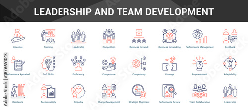 Leadership And Team Development Cohesive set of minimalist vector icons representing key ideas with visual clarity