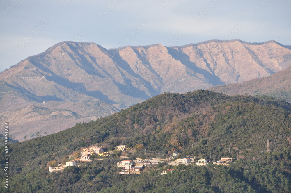 Fototapeta premium monte Zatta (dividing Graveglia, Sturla, Vara, Taro valleys) seen from the trail from Riva Trigoso to Punta Baffe, Appenines, Liguria, Italy