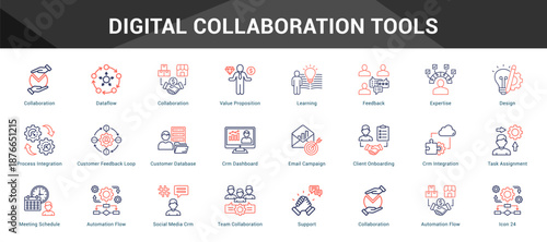 Digital Collaboration Tools Cohesive set of minimalist vector icons representing key ideas with visual clarity